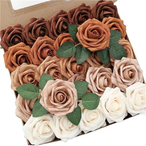 Artificial Flowers 25pcs Real Looking Earth Tones Ombre Colors Foam Fake Roses - Picture 1 of 6